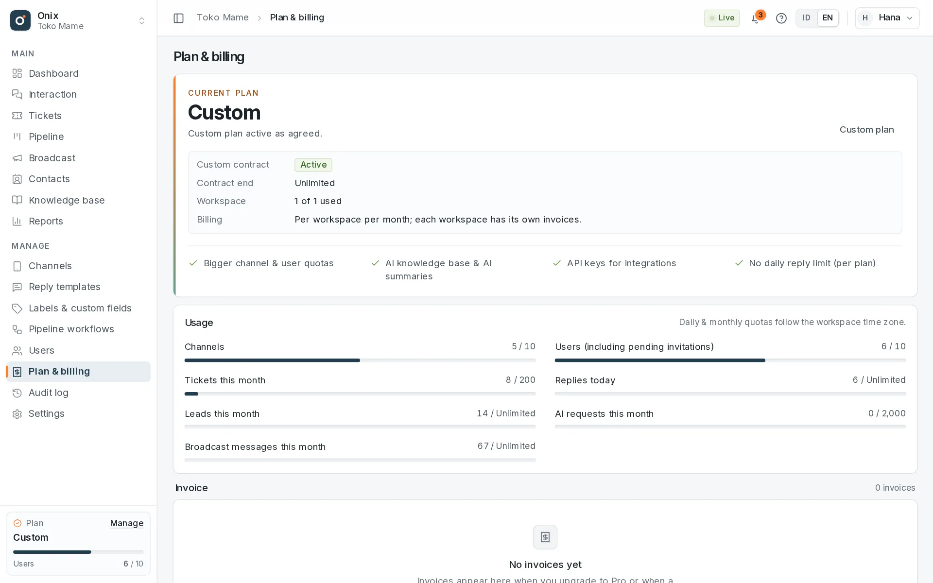 Plan & billing: the current plan, quota usage, and invoices.
