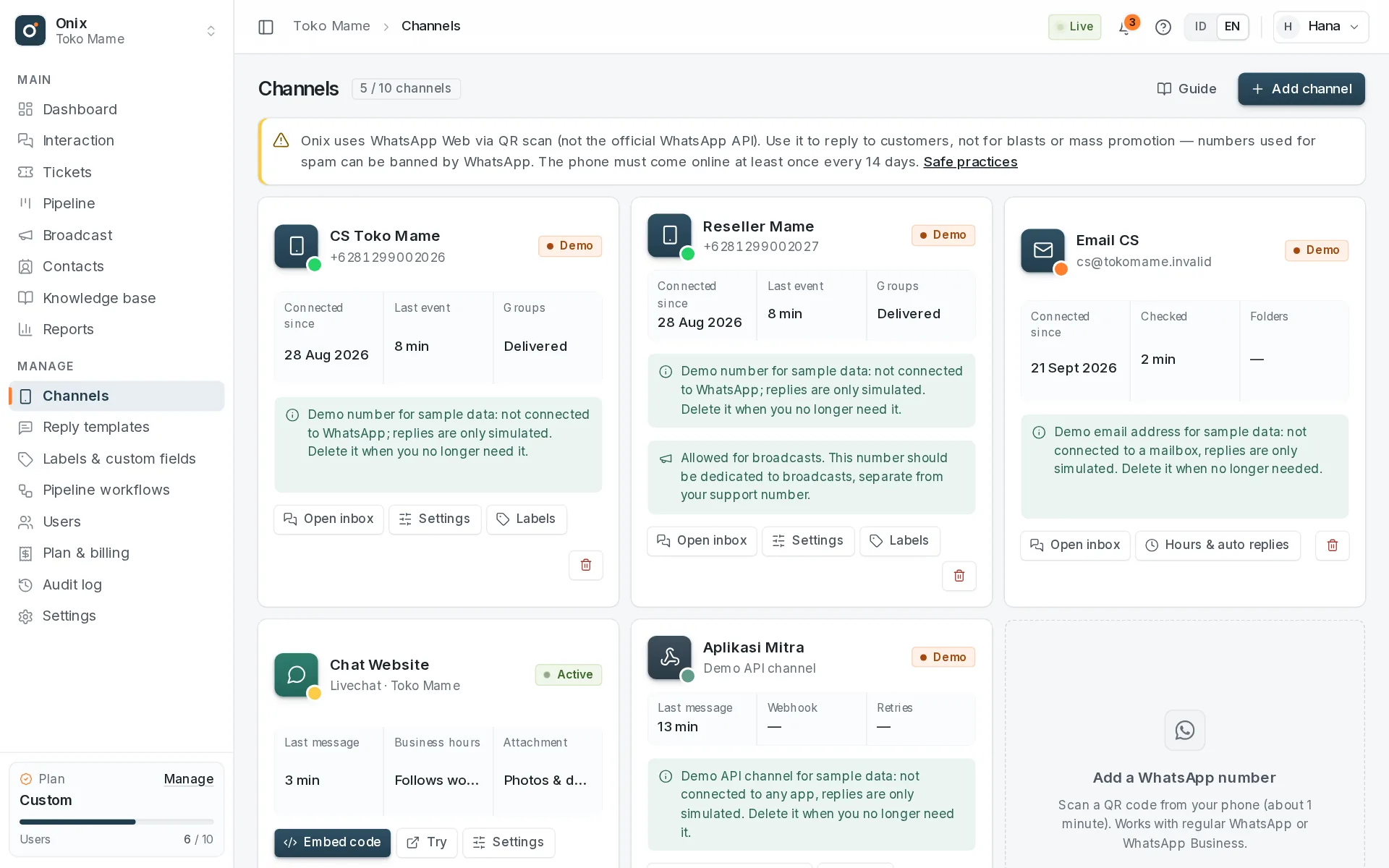 Manage → Channels: WhatsApp numbers, email, livechat, and API channels with their status.
