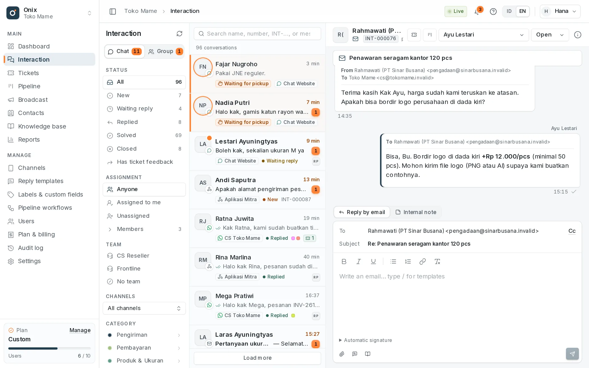 An email conversation in Interaction: thread, attachments, and formatted replies.