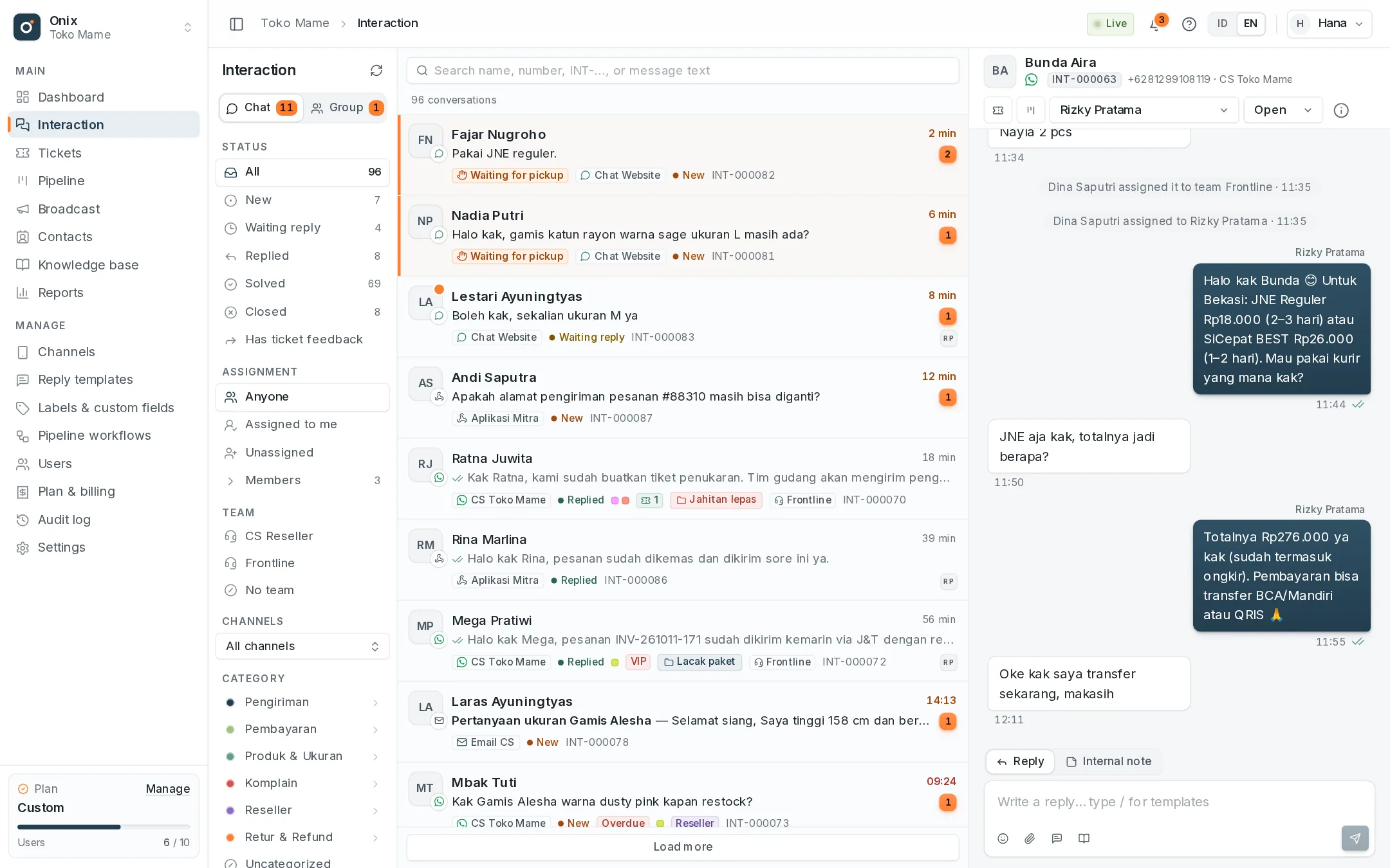 Interaction page: the conversation list and a WhatsApp chat