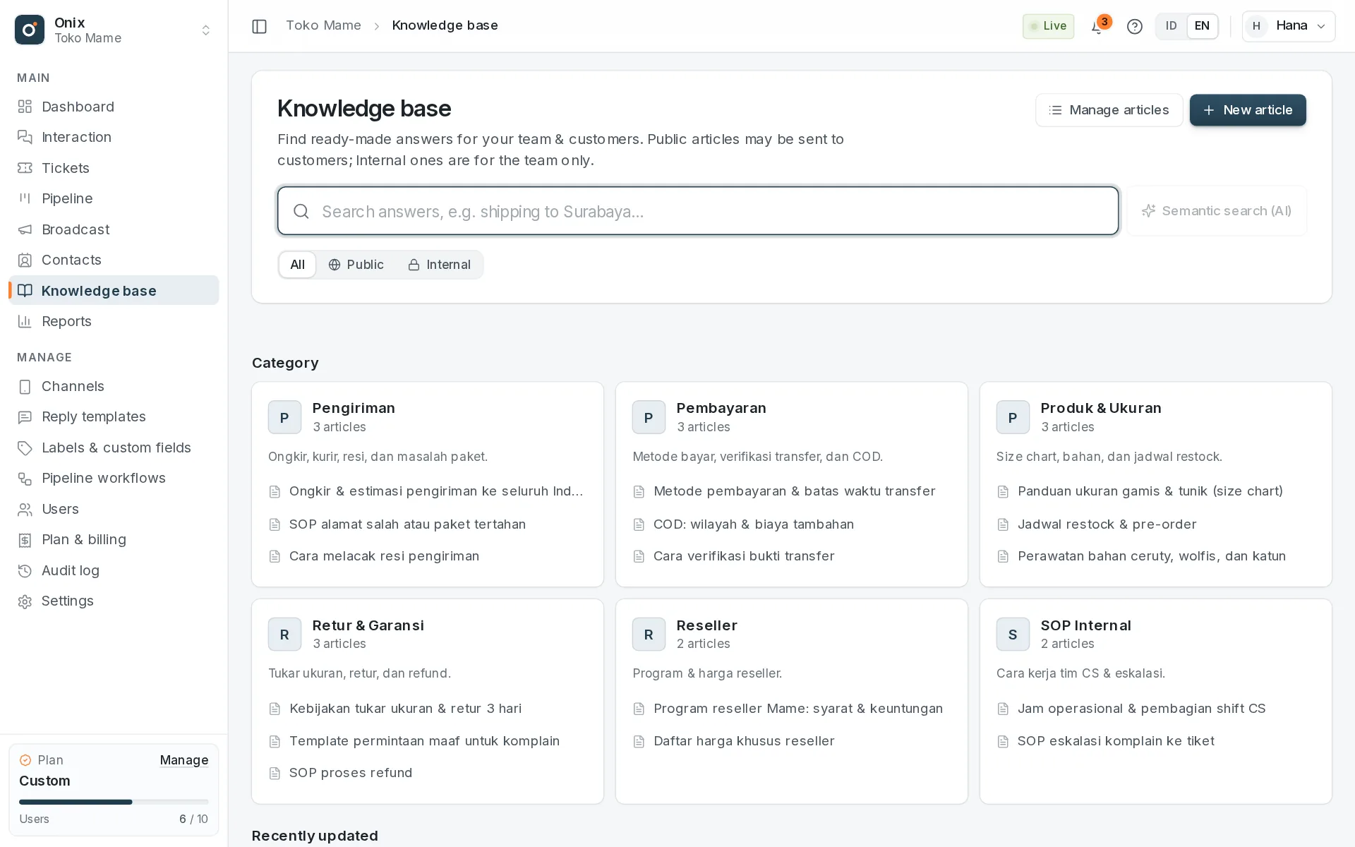 Knowledge base page with article categories