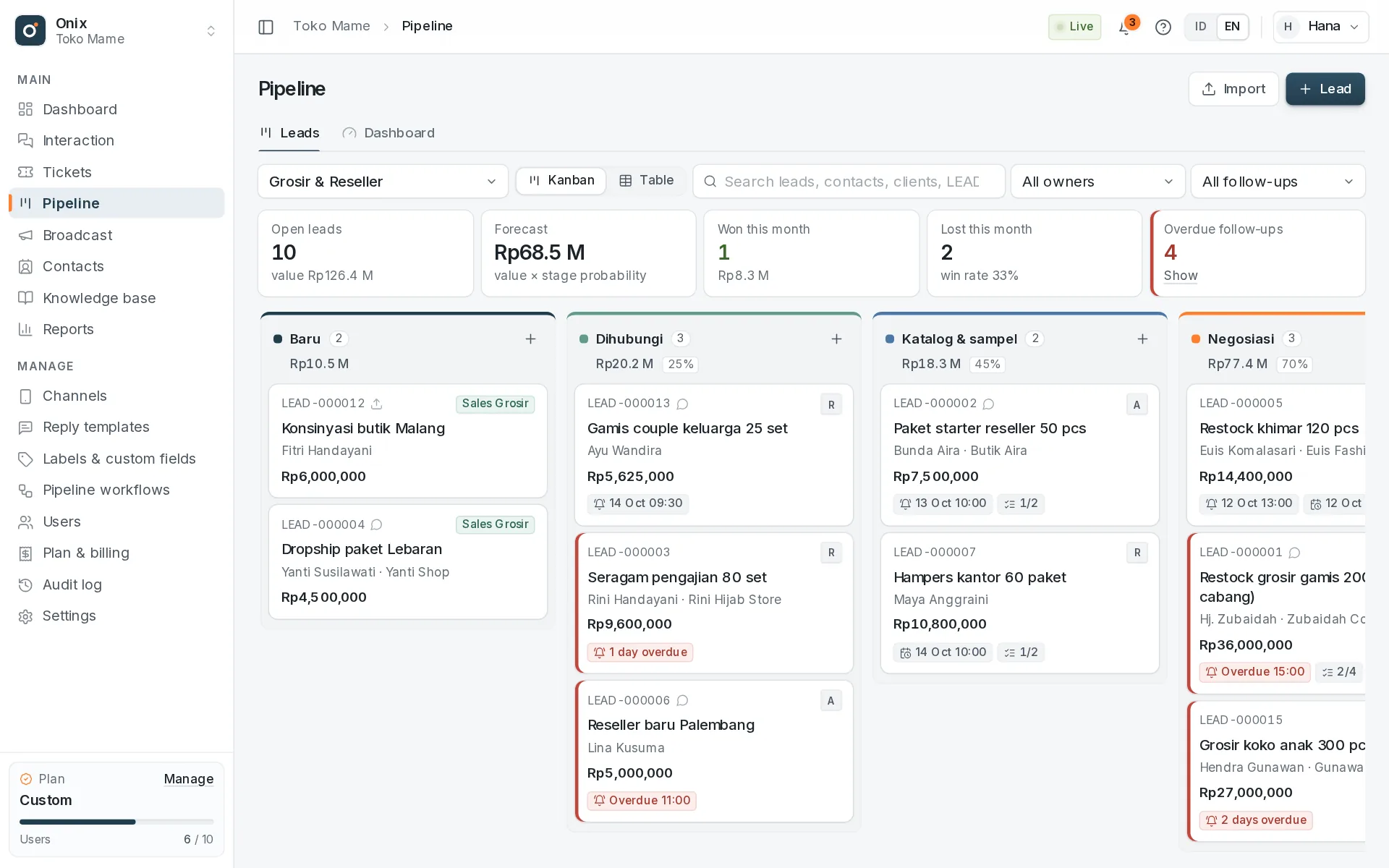 Pipeline: a lead kanban per stage with values, follow-ups, and owners.