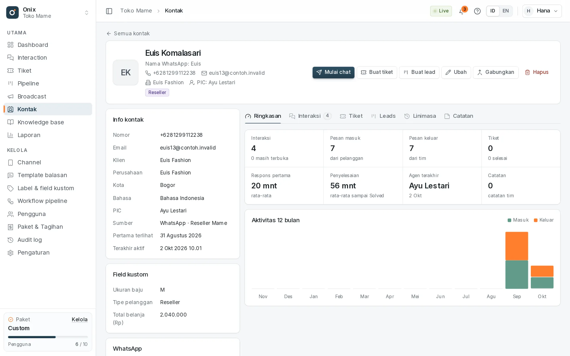 Profil kontak: data, field kustom, statistik, dan riwayat interaksi.
