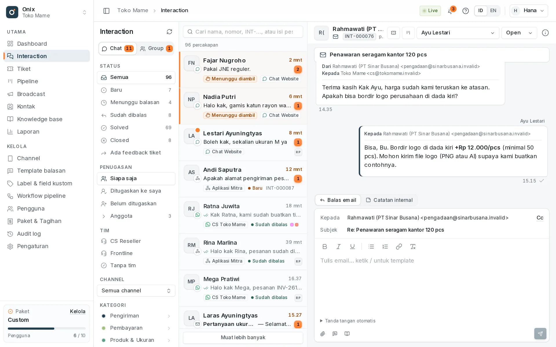 Percakapan email di Interaction: utas, lampiran, dan balasan berformat.
