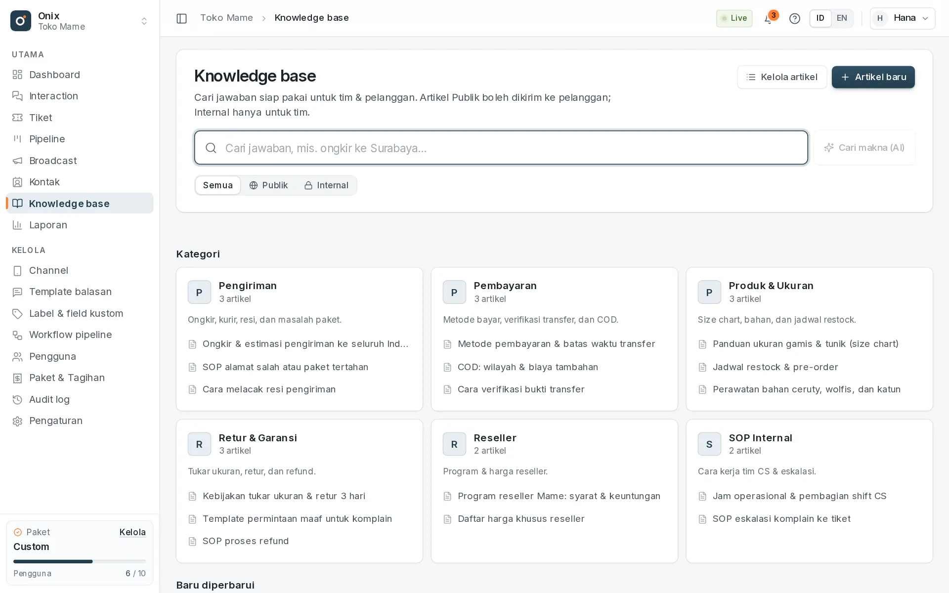 Knowledge base: kategori, artikel publik & internal, dan pencarian.