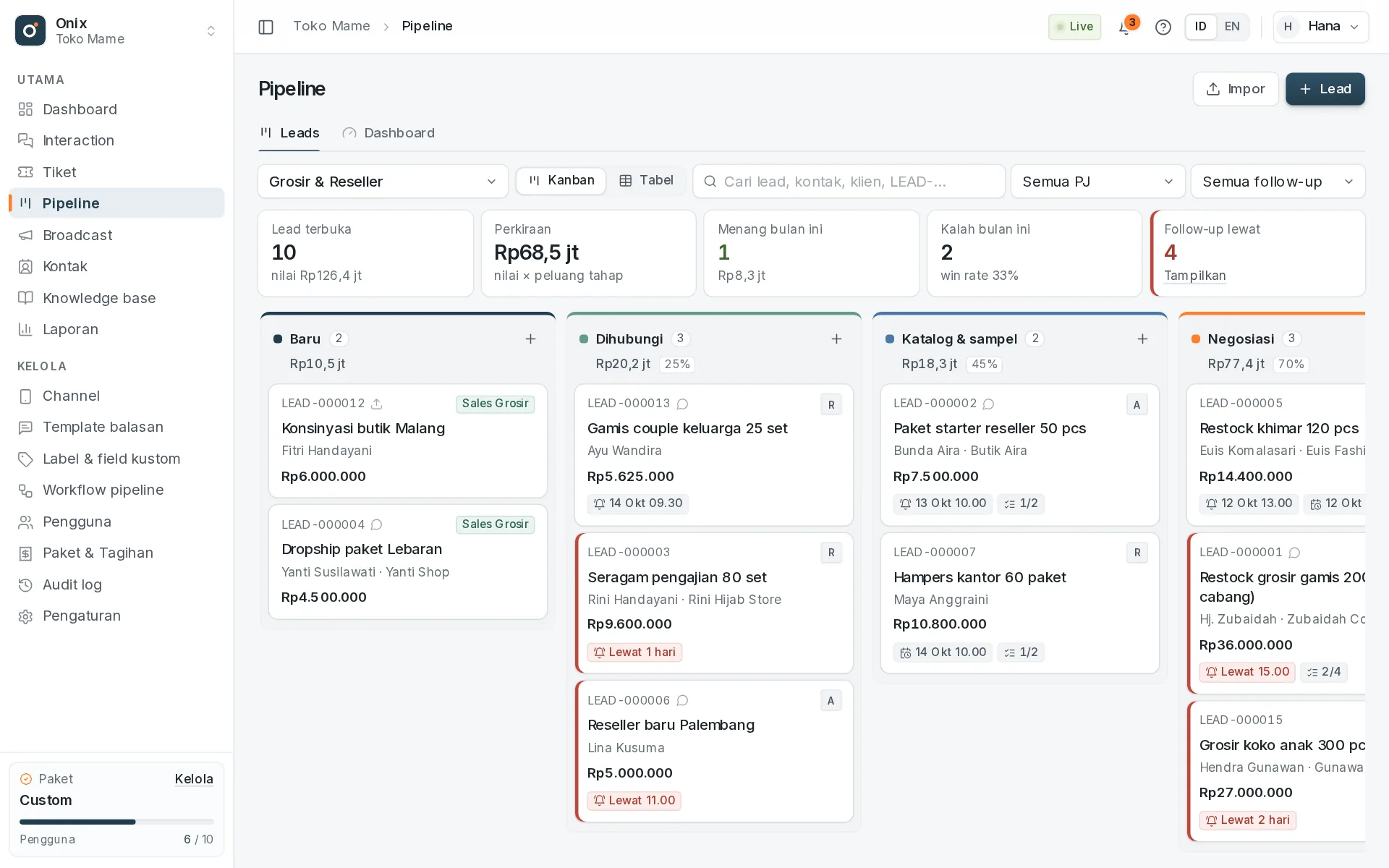 Kanban pipeline dengan lead per tahap